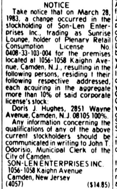 Notice — Son-Len Enterprises / Sunrise Lounge, 1983