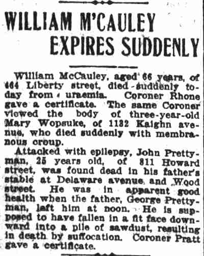 William McCauley Expires Suddenly / John Prettyman, 811 Howard Street — Camden Post-Telegram, January 3, 1917