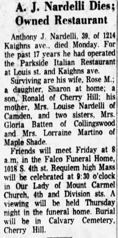 A. J. Nardelli Dies; Owned Restaurant - May 8, 1963