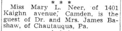 Miss Mary L. Neer is a guest at Chautauqua - July 29, 1941