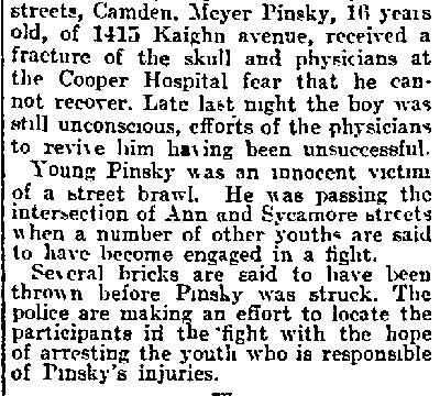 Hit by Thrown Brick, Camden Youth May Die — continued, Philadelphia Inquirer, August 9, 1916