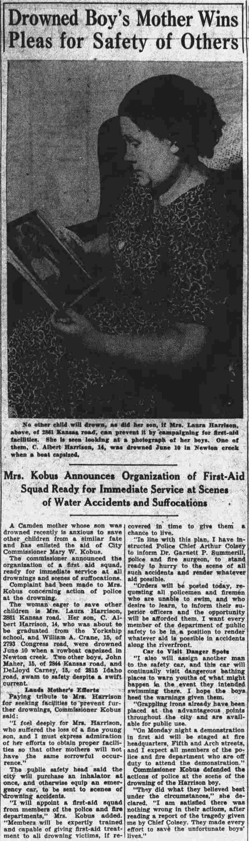 Camden Courier-Post, July 10, 1937 — Mrs. Laura Harrison of 2861 Kansas Road campaigns for first-aid squad after her son's drowning death