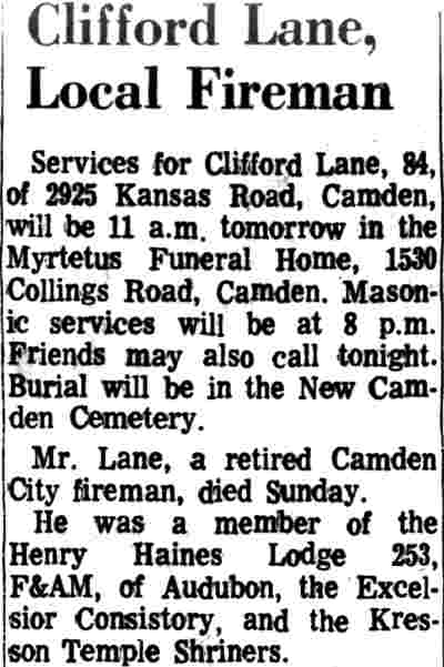 Camden Courier-Post, November 30, 1971 — Obituary for Clifford Lane of 2925 Kansas Road, retired Camden City fireman