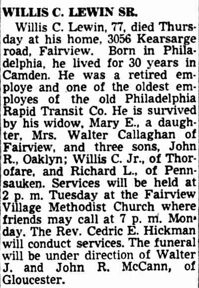 Camden Courier-Post, November 18, 1949 — Obituary for Willis C. Lewin Sr. of 3056 Kearsarge Road, Fairview