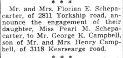 Camden Courier-Post, July 23, 1941 — Engagement announcement for George K. Campbell of 3118 Kearsarge Road and Miss Pearl M. Schepacarter