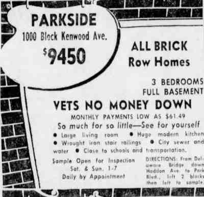 1954 advertisement for all-brick row homes at the 1000 block of Kenwood Avenue, Parkside