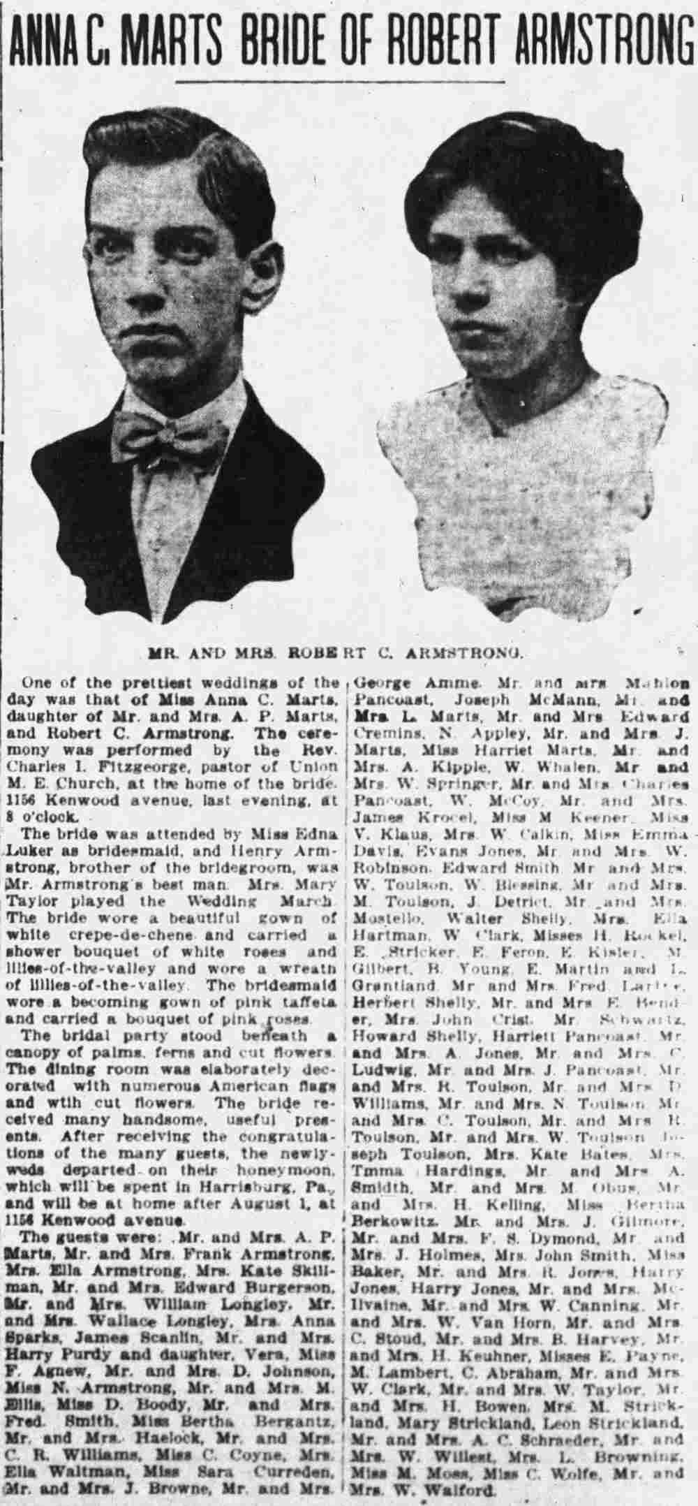 Camden Daily Courier, June 22, 1916 — Anna C. Marts and Robert Armstrong wedding, 1156 Kenwood Avenue