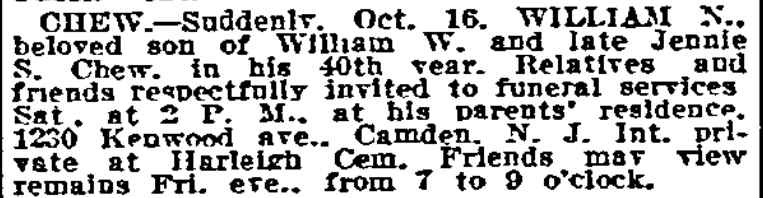 Philadelphia Inquirer, October 19, 1917 — death notice for William N. Chew, 1230 Kenwood Avenue