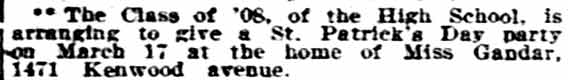 Philadelphia Inquirer, March 9, 1908 — Class of '08 party at 1471 Kenwood Avenue, home of Miss Gandar