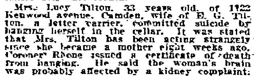 Philadelphia Inquirer, September 13, 1918 — death of Lucy Tilton at 1122 Kenwood Avenue