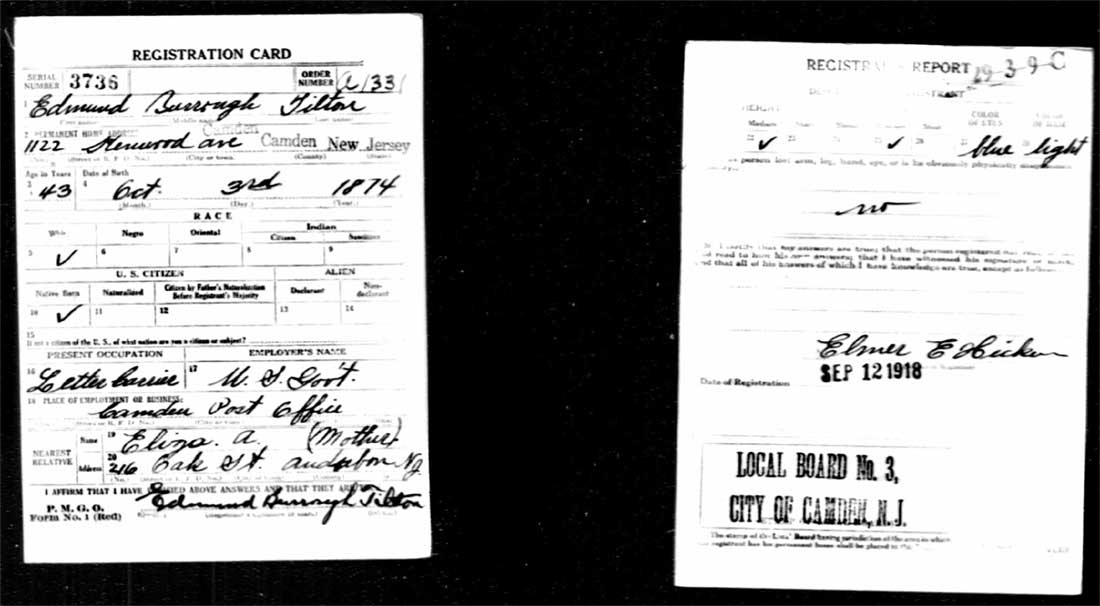 World War I Draft Registration Card for Edmund Burrough Tilton Sr., 1122 Kenwood Avenue, Camden, New Jersey, September 12, 1918
