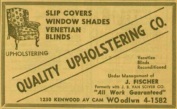 Quality Upholstering Co. Yellow Pages ad, 1955 — 1230 Kenwood Ave, Camden