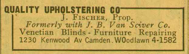 Quality Upholstering Co. Yellow Pages ad, 1955 — J. Fischer, Prop.