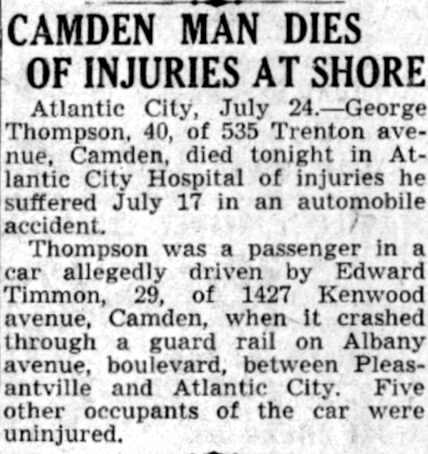 Camden Courier-Post, July 25, 1941 — George Thompson dies, Edward Timmon of 1427 Kenwood Avenue driver