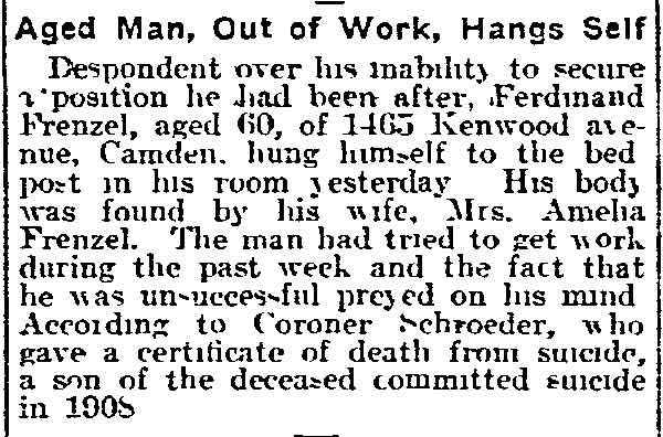 Philadelphia Inquirer, April 16, 1916 — Ferdinand Frenzel, 1465 Kenwood Avenue