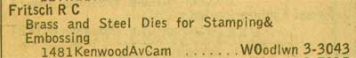 NJ Bell Yellow Pages 1955 — Fritsch R.C., Brass and Steel Dies for Stamping and Embossing, 1481 Kenwood Ave, Camden