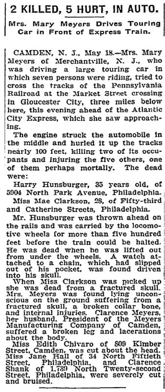 New York Times, May 18, 1914 — Mrs. Mary Meyers drives touring car in front of express train