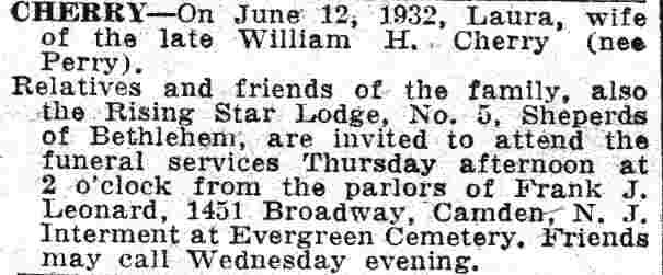 Camden Courier-Post, June 15, 1932 — Laura Cherry obituary, 822 Kimber Street