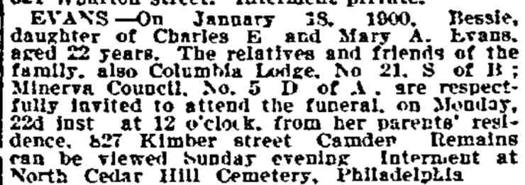 Philadelphia Inquirer, January 19, 1900 — Evans obituary, 827 Kimber Street