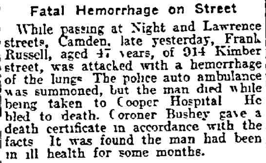 Philadelphia Inquirer, May 21, 1915 — Fatal Hemorrhage on Street, Frank Russell, 914 Kimber