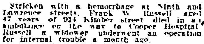 Philadelphia Inquirer, May 22, 1915 — Frank Russell, 914 Kimber Street