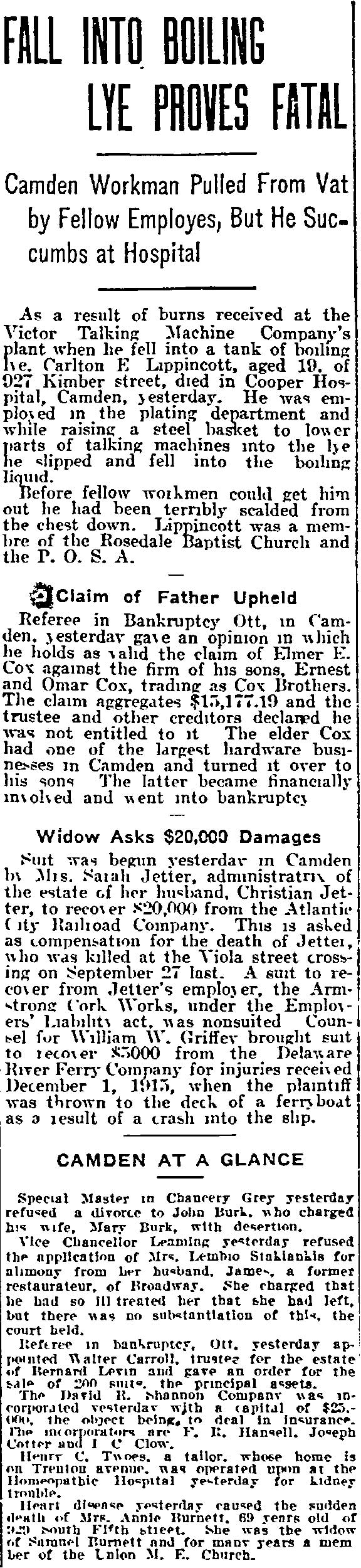 Philadelphia Inquirer, February 20, 1916 — Carlton Lippincott, 927 Kimber Street