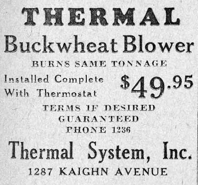 Thermal System, Inc. advertisement — Thermal Buckwheat Blower, Burns Same Tonnage, Installed Complete With Thermostat $49.95, 1287 Kaighn Avenue, October 1931