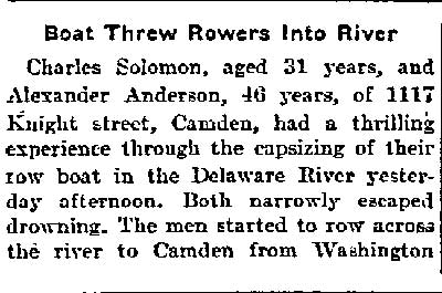 Philadelphia Inquirer, April 14, 1901 — Boat Threw Rowers Into River, Charles Solomon and Alexander Anderson of 1117 Knight Street