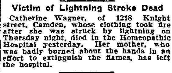 Philadelphia Inquirer, July 27, 1908 — Victim of Lightning Stroke Dead, Catherine Wagner of 1218 Knight Street