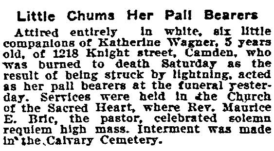 Philadelphia Inquirer, July 29, 1908 — Little Chums Her Pall Bearers, Katherine Wagner of 1218 Knight Street