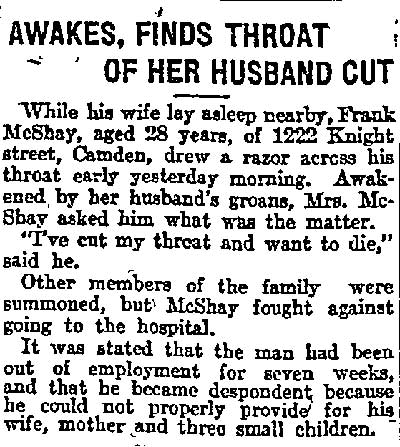 Philadelphia Inquirer, January 8, 1914 — Awakes, Finds Throat of Her Husband Cut, Frank McShay of 1222 Knight Street