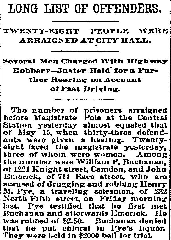 Philadelphia Inquirer, May 23, 1893 — Long List of Offenders, William P. Buchanan of 1224 Knight Street arraigned