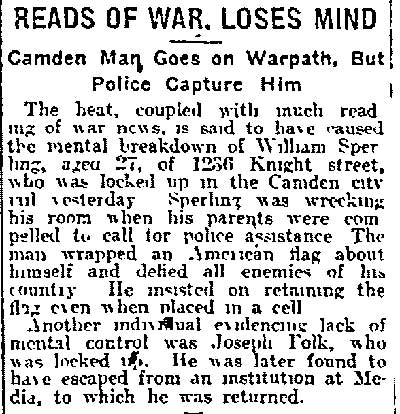 Philadelphia Inquirer, July 19, 1915 — Reads of War, Loses Mind, William Sperling of 1236 Knight Street