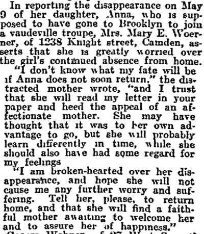 Philadelphia Inquirer, June 14, 1914 — Mrs. Mary E. Woerner of 1238 Knight Street seeks her missing daughter Anna