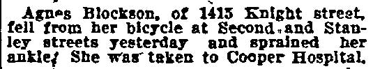 Philadelphia Inquirer, August 7, 1900 — Agnes Blocksom of 1415 Knight Street fell from bicycle and was taken to Cooper Hospital