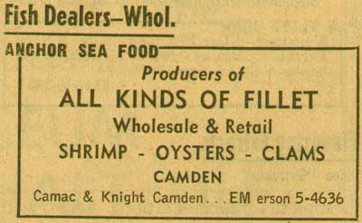 1955 New Jersey Bell Yellow Pages advertisement for Anchor Sea Food at Gant Street (also known as Camac Street) and Knight Street