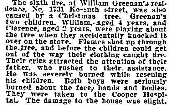 Philadelphia Inquirer, January 4, 1899 — Christmas tree fire at 1731 Kossuth Street