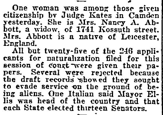 Philadelphia Inquirer, October 4, 1921 — Mrs. Nancy A. Abbott citizenship ceremony, 1741 Kossuth Street