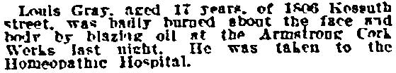 Philadelphia Inquirer, December 23, 1914 — Louis Gray burned at Armstrong Cork Works, 1806 Kossuth Street