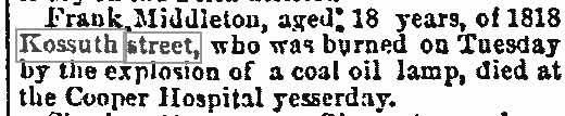Philadelphia Inquirer, August 28, 1890 — Frank Middleton dies from burns, 1818 Kossuth Street