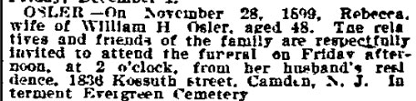 Philadelphia Inquirer, November 30, 1899 — Osler funeral notice, 1836 Kossuth Street