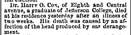 Philadelphia Inquirer, October 2, 1884 — Dr. Harry O. Cox death notice, Central Avenue and Kossuth Street