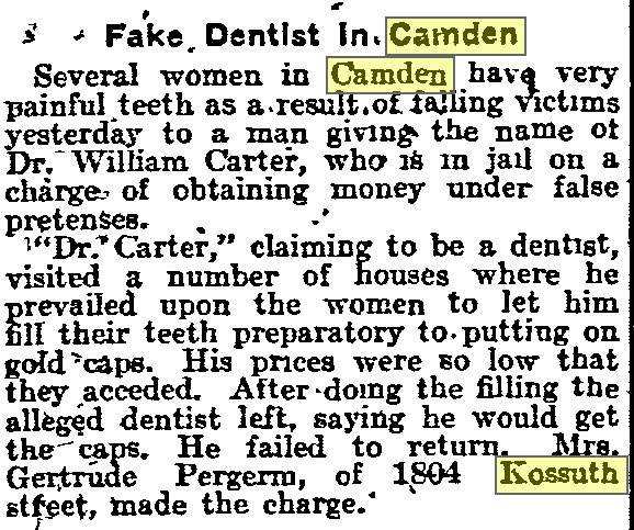 Philadelphia Inquirer, June 29, 1911 — Fake Dentist in Camden, Mrs. Gertrude Pergerm of 1804 Kossuth Street