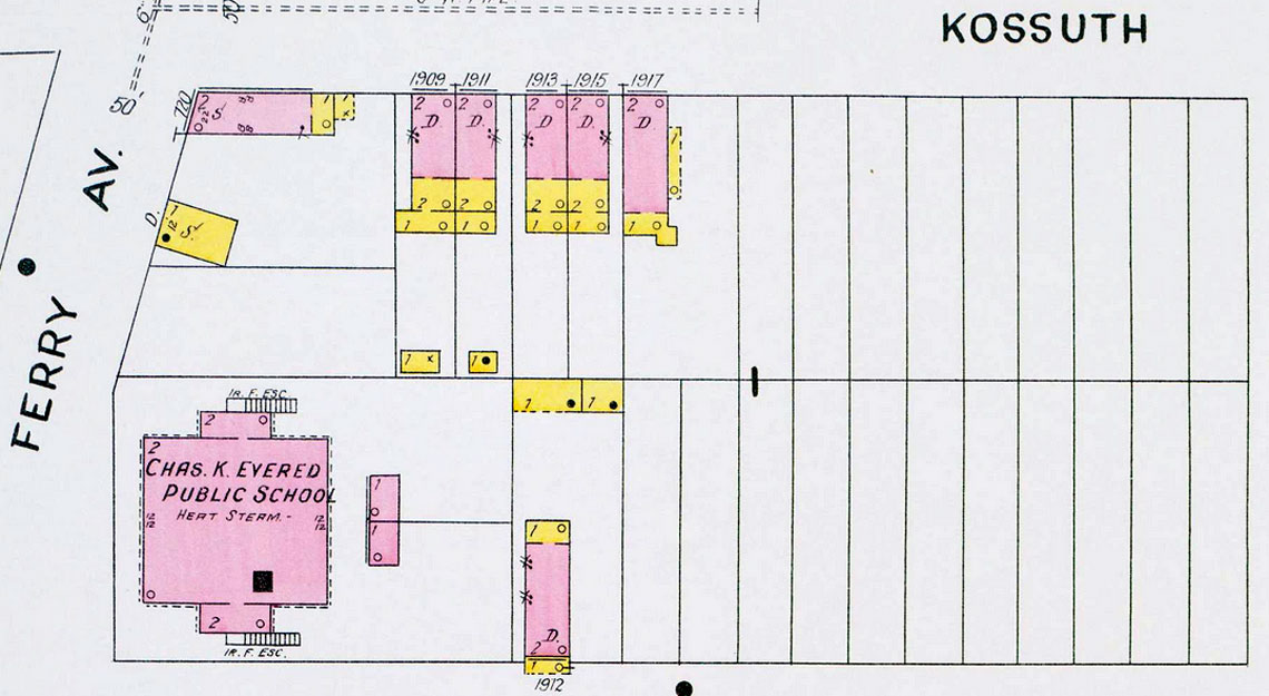 Sanborn fire insurance map, 1900 block of Kossuth Street, 1906
