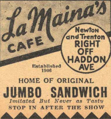 LaMaina's Cafe advertisement, Newton and Trenton Avenue, 1939