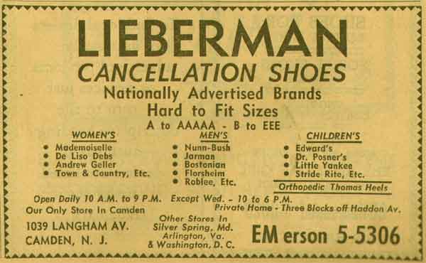 New Jersey Bell Yellow Pages ad: Lieberman Cancellation Shoes, 1039 Langham Avenue, 1955