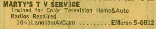 New Jersey Bell Yellow Pages ad: Marty's T V Service, 1041 Langham Avenue, 1955