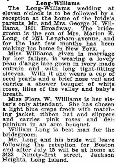 Newspaper clipping: Long-Williams wedding announcement, June 18, 1932