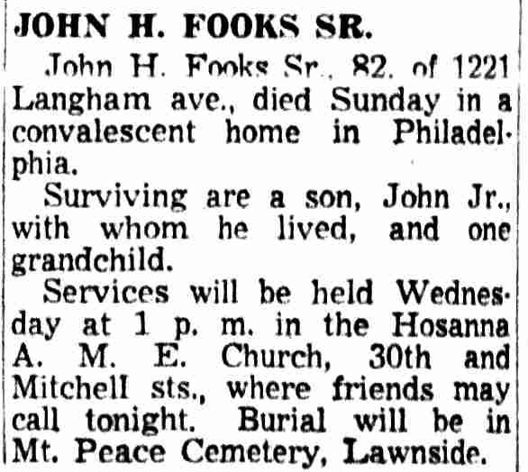 Newspaper clipping: John H. Fooks Sr. obituary, August 14, 1956