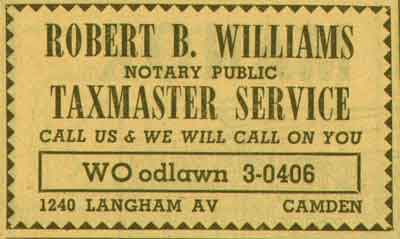 New Jersey Bell Yellow Pages ad: Robert B. Williams Notary Public, Taxmaster Service, 1240 Langham Avenue, 1955